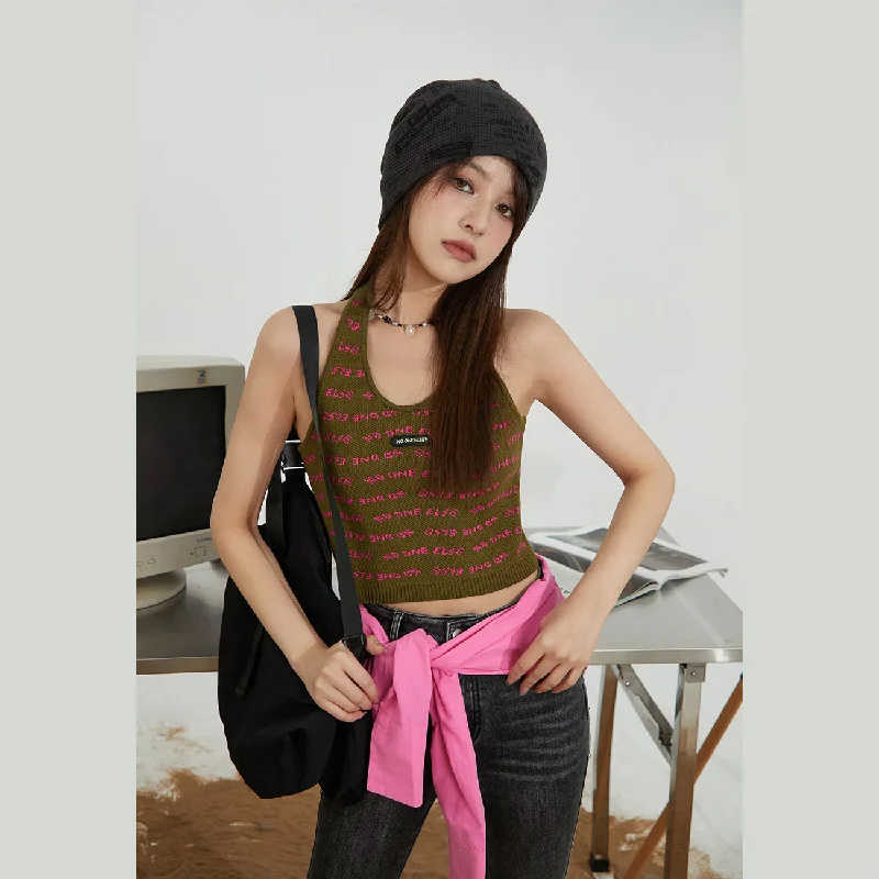 Noe Lettering Knit Halter Top Tough Women's Military - inspired