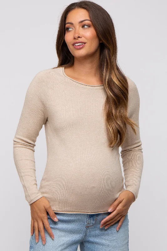 Beige Basic Raglan Sleeve Maternity Sweater Top Minimalist Women's Casual