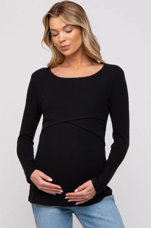 Black Ribbed Crossover Maternity/Nursing Top Stylish Women's Tropical 