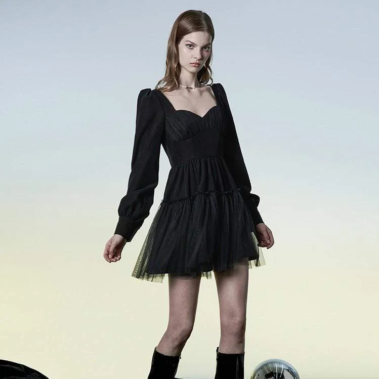 Women's Punk Puff Sleeved Layered Black Dress Athletic Women's High - 