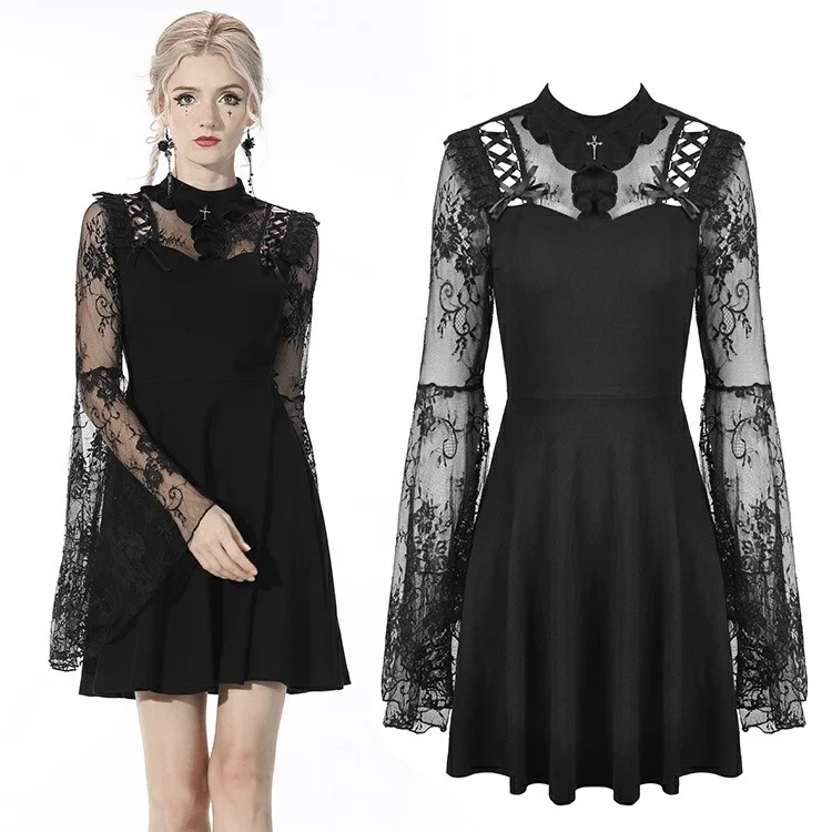 Women's Gothic Sheer Sleeved Cutout Black Dress Wedding Dress Stylish Women's Neon