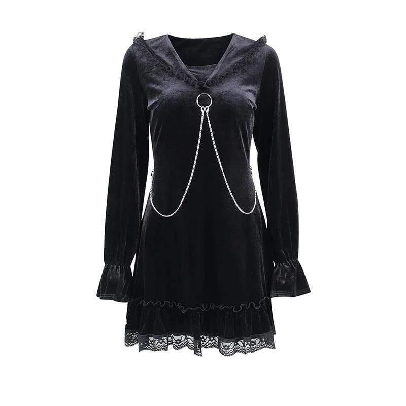Women's Grunge Lace Splice Falbala Velvet Dress Sleek Women's Metallic