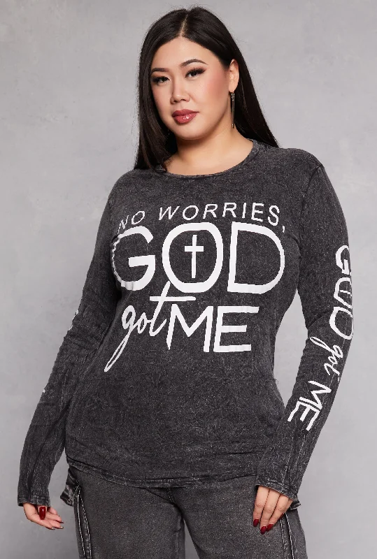 Plus Size God Got Me Acid Wash Graphic Tee Cozy Women's Sherpa - lined
