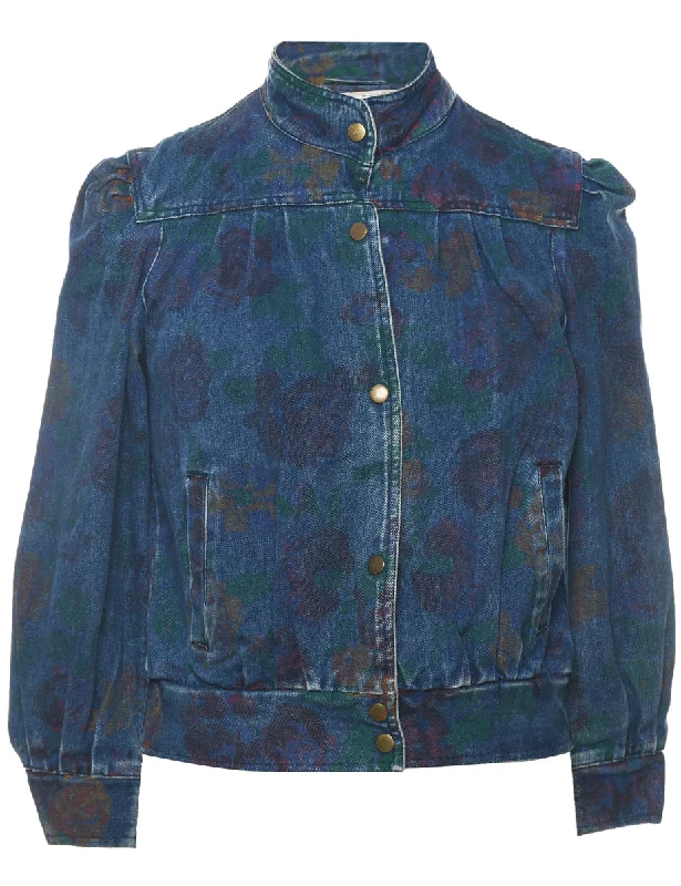 Patterned Indigo Floral 1990s Denim Jacket - M Bold Women's Animal Print