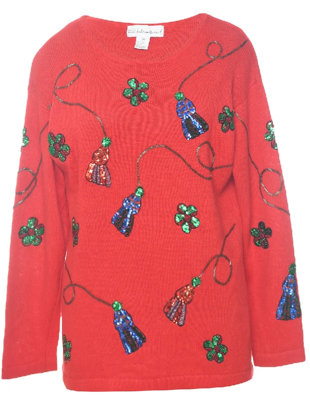 Sequined Red Jumper - M Stylish Women's Tropical 
