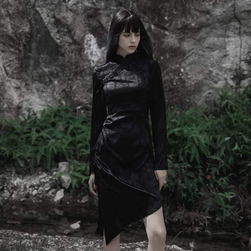 Women's Punk Cheongsam Collar Drawstring Dress Polished Women's Silk