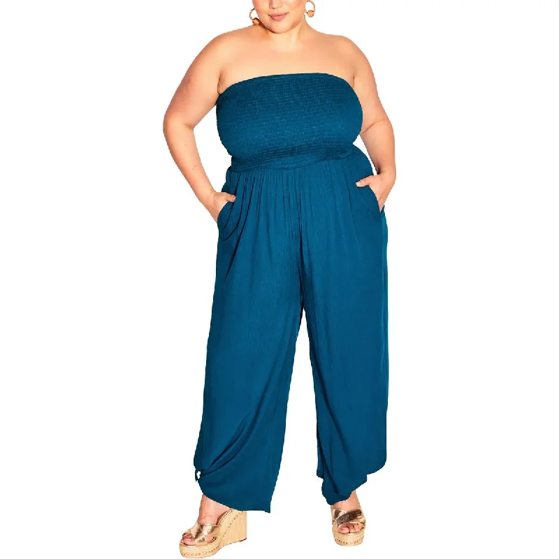 City Chic Womens Plus Smocked Viscose Jumpsuit Preppy Women's College