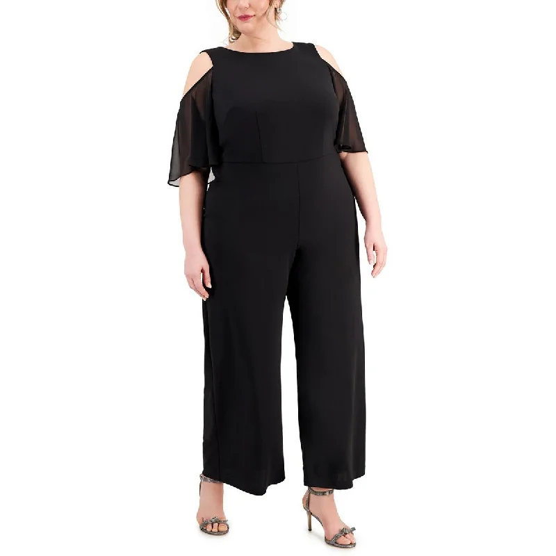 Connected Apparel Womens Plus Wide Leg Cold Shoulder Jumpsuit Sporty Women's Athleisure 