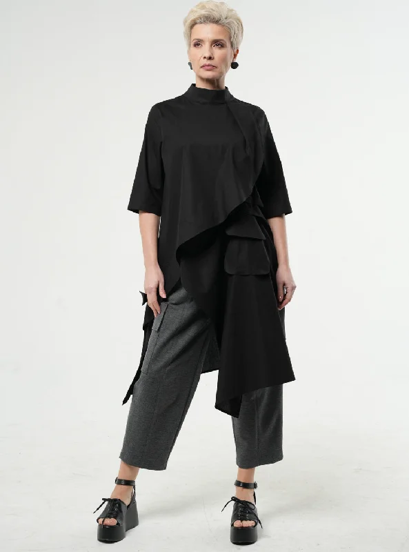 Asymmetric Tunic Shirt In Black Dapper Women's Bow - adorned