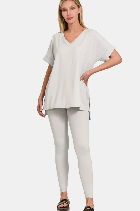 Blake V-Neck Rolled T-Shirt and Leggings Lounge Set Laid - back Women's Style
