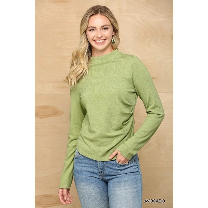 Solid And Cozy Soft Knit Mock Neck Top With Side Ruched Detail purpose
